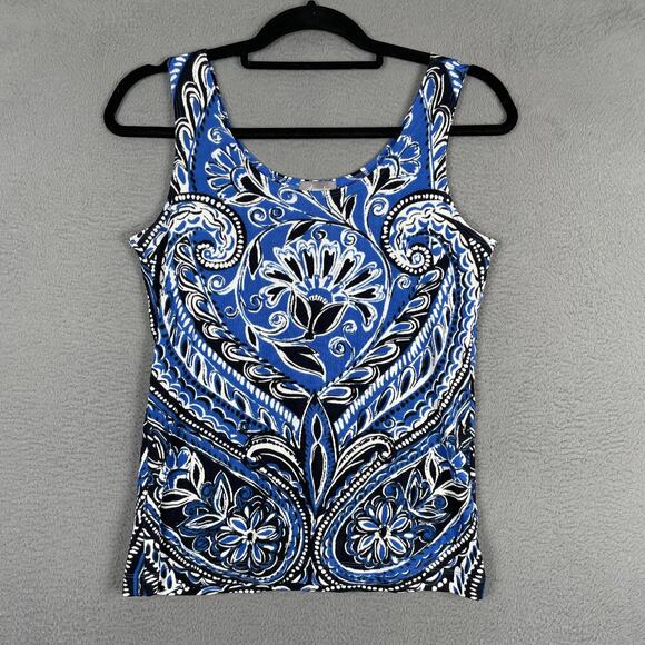 Chicos Travelers Shirt Womens 0 S Blue Black Paisley Tank Top Stretch Sleeveless - Picture 1 of 8